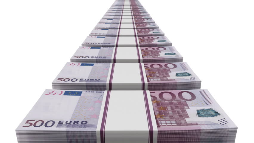 Animation of 100 euros bills on a white background with an alpha channel.