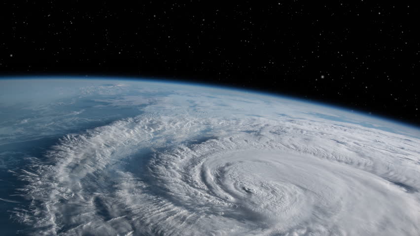 Hurrican view from space rotating earth planet and star field in background. Contains public domain image by NASA/ESA Royalty-Free Stock Footage #1016979412
