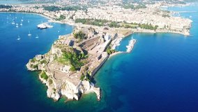 Aerial drone video of iconic old Venetian sea fortress of Corfu near center of old town, Kerkyra island, Greece