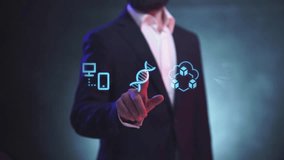 Businessman in suit working and manages on hologram HUD interface, touching on visual screen with neon icons, chooses - Genetics in interface. - Powered by Shutterstock - Get 15% off with code: PIKWIZARD15