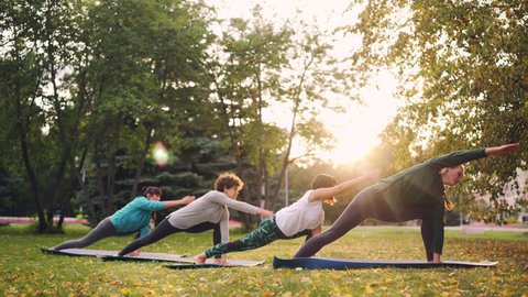Good-looking women in sports clothing are doing yoga exercises in park on sunny day in autumn enjoying practice and nature. Youth and sports concept.