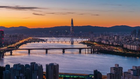 Sunrise of Seoul City and Lotte Tower, South Korea. Time lapse 4k 스톡 비디오
