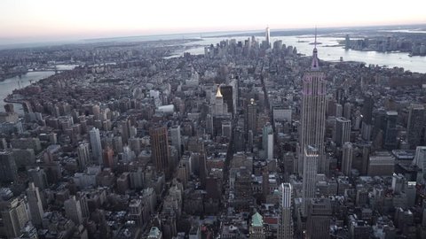 New York City Circa-2015, aerial view of Manhattan Skyline at dusk facing south from Midtown