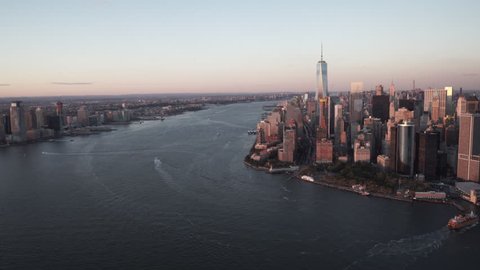 New York City Circa-2015, daytime aerial view of Lower Manhattan and the Staten Island Ferry
