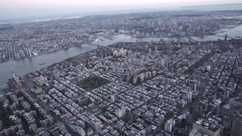 New York City Circa-2015, aerial view of East Village, Lower East Side and Brooklyn at dusk
