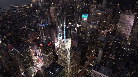 New York City Circa-2015, aerial view over Midtown at night with Times Square and Hell's Kitchen in the background