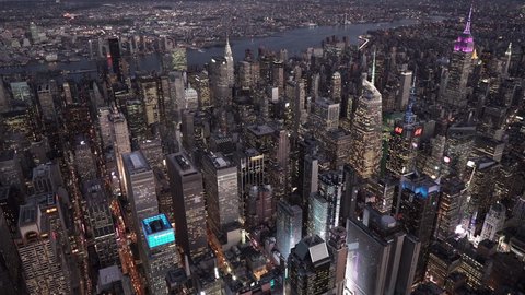 New York City Circa-2015, aerial view of Midtown at night from Times Square to Bryant Park