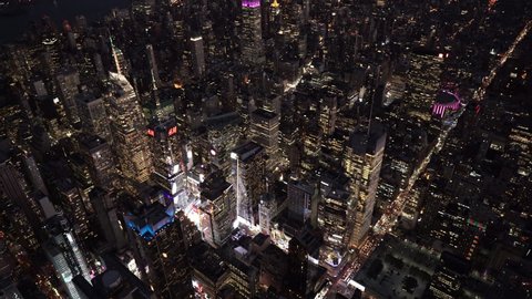 New York City Circa-2015, wide angle aerial view of Midtown Manhattan and Times Square at night from 8th Avenue