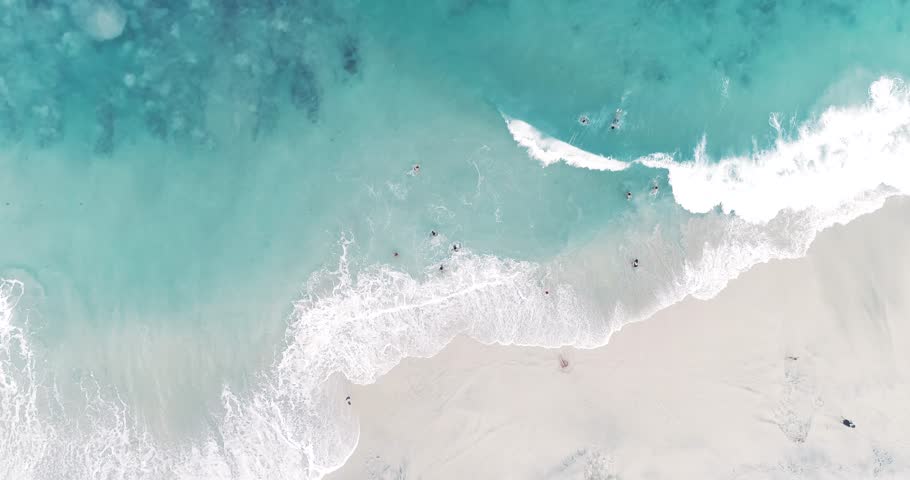 Aerial top headover view sand beach with enjoying people on big ocean waves.  Drone filming straight down and rising. 4K | Shutterstock HD Video #1016999215