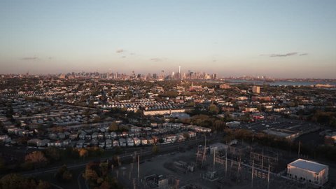 New York City Circa-2015, Aerial view flying over Jersey City toward the Manhattan skyline