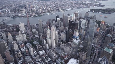 New York City Circa-2015, high angle aerial view of Tribeca and Lower Manhattan Financial District