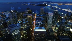 Aerial city connected through 5G. Wireless network, mobile technology concept, data communication, cloud computing, artificial intelligence, internet of things. Futuristic city. San Francisco skyline. - Powered by Shutterstock - Get 15% off with code: PIKWIZARD15