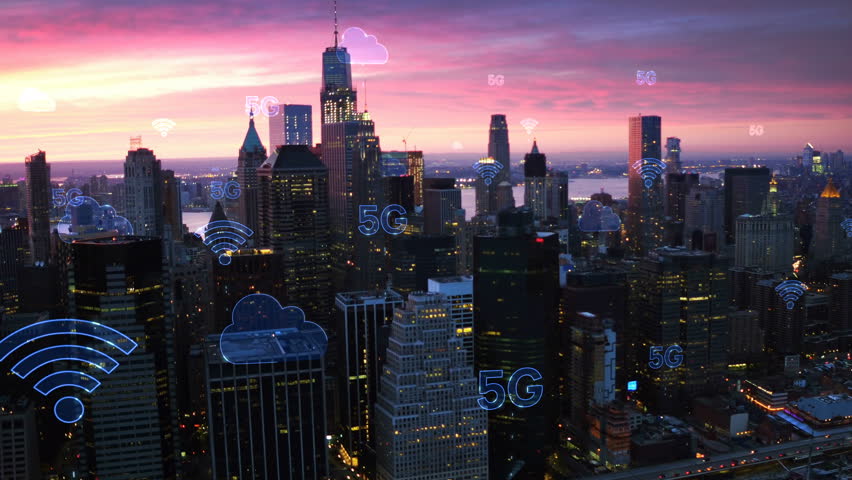 Aerial city connected through 5G. Wireless network, mobile technology concept, data communication, cloud computing, artificial intelligence, internet of things. New York City skyline. Futuristic city. | Shutterstock HD Video #1017009559