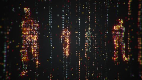 Abstract background with animation flickering binary digits and earth symbol walking human from binary digits. Animation of seamless loop. 