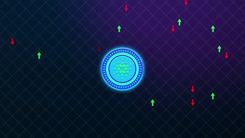 Iota coin spinning, with red and green arrows that simulate the variety of prices.
