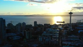 Aerial footage sunset Seattle sunset