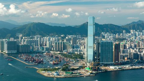 West Kowloon, Hong Kong, China - June 28, 2017- Hyperlapse video of Kowloon skyline and International Commerce Center, the tallest skyscraper in Hong Kong