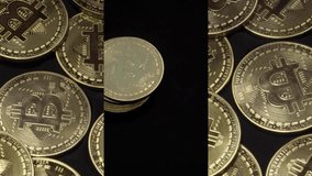 Bitcoins Rotating on Black Background. Digital Cryptocurrency. Vertical Video for Social Media Applications on Mobile Devices
