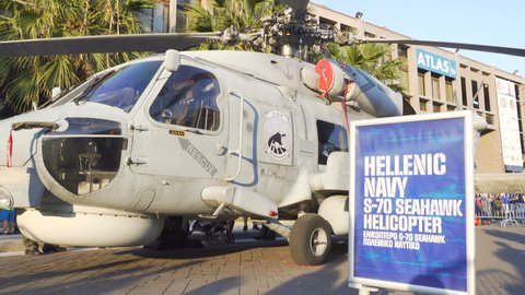 Thessaloniki, Greece - September 10 2018: Sikorsky Seahawk naval military helicopter displayed during a fair. Hellenic Navy S-70 Seahawk helicopter exhibit during 83rd International Fair.
