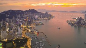 4k hyperlapse aerial scene of Hong Kong city with Victoria bay scene in sunset