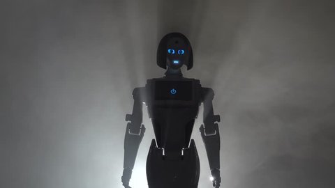 Robot leaves the smokescreen. Black smoke background