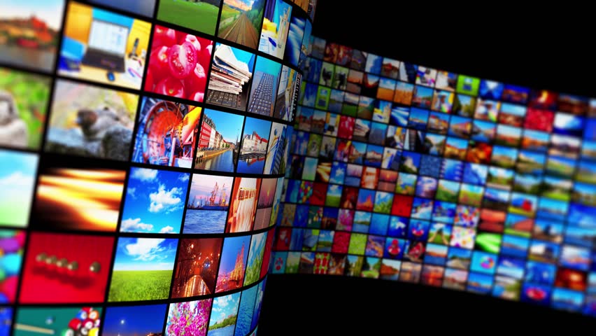 Creative abstract web streaming media TV video service technology, multimedia business internet communication and cinema content production concept: 3D render black background with endless screens