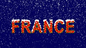 New Year text country name FRANCE. Snow falls. Christmas mood, looped video. Alpha channel Premultiplied - Matted with deep blue RGB(04:00:5B)