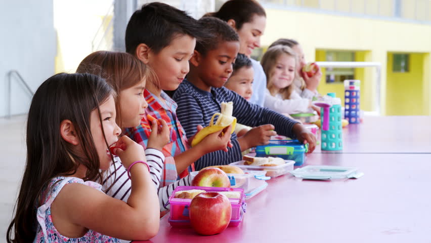 Elementary school kids and teacher at a table eating lunch Royalty-Free Stock Footage #1017044998