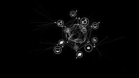 Interface Icons Changing on Digital Sphere Rotating in Network Connections with Lines and Dots on Black. Looped 3d Animation. Digital Technology and Media Concept. 4k Ultra HD 3840x2160. - Powered by Shutterstock - Get 15% off with code: PIKWIZARD15