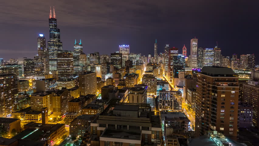 Chicago City Skyline at Night Aerial Timelapse