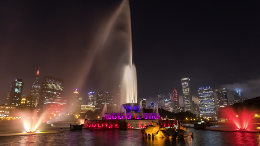 Chicago Buckingham Fountain and City Skyline at Night Timelapse