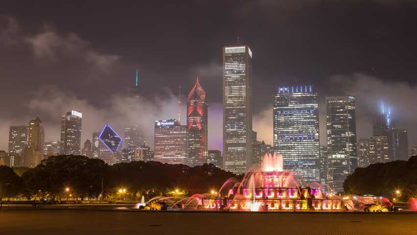 Buckingham Fountain and Chicago Skyline at Night Timelapse