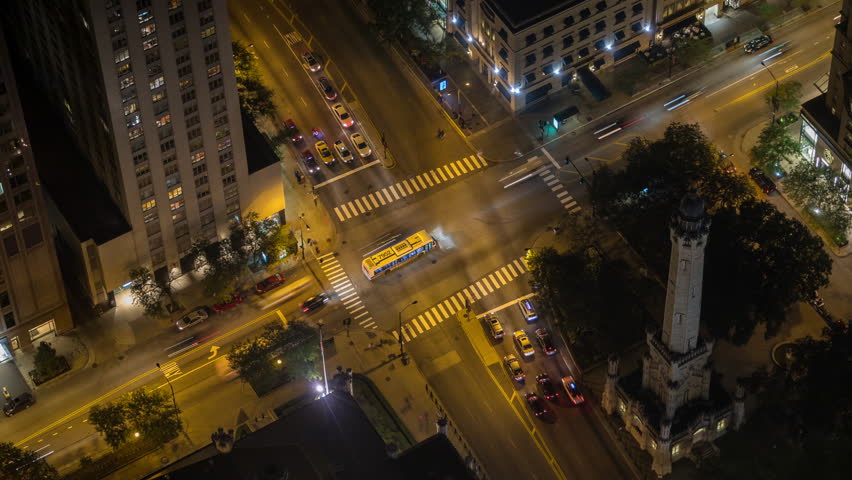 Chicago Traffic Intersection Aerial Night Timelapse