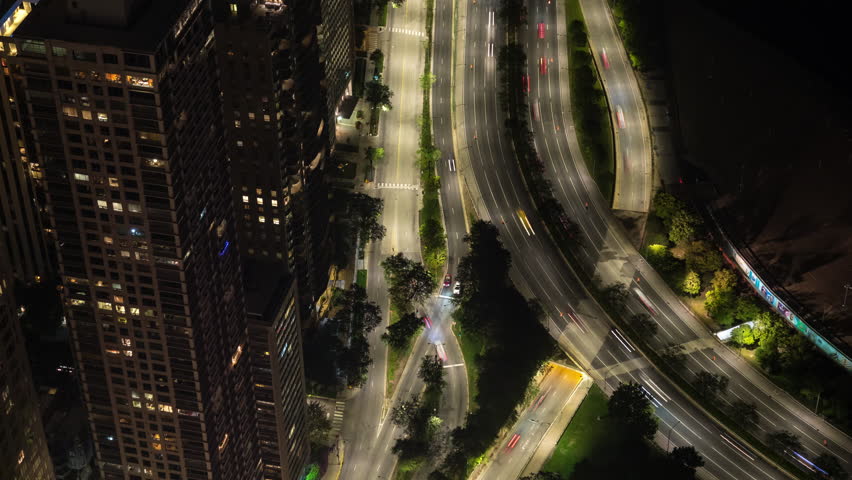 Chicago Aerial Freeway Traffic Lake Shore Dr at Night Timelapse