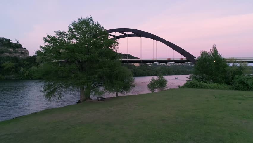 4K Aerial 360 Pennybacker Bridge at Sunset in Austin
