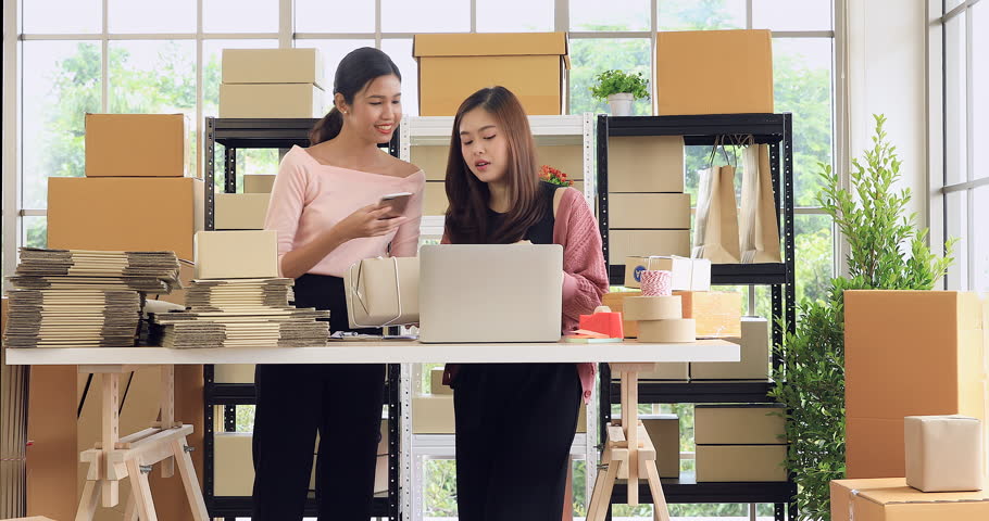 Two young Asian woman working together in office at home among  pile of parcel boxes. Concept for online marketing and selling something via internet of modern people. Royalty-Free Stock Footage #1017081865