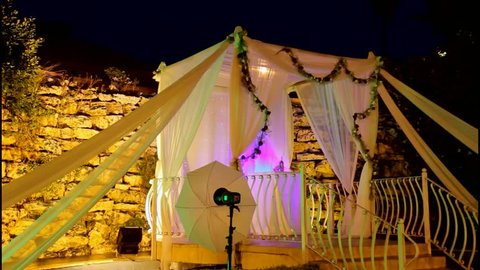 Tel Aviv, Israel - June 29, 2016: Jewish traditions wedding ceremony. Wedding canopy (chuppah or huppah), simbol of new family home after marriage.