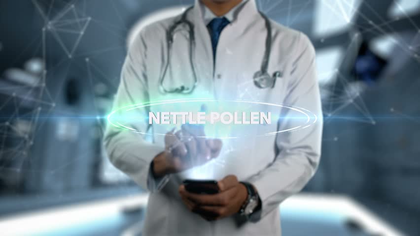 NETTLE POLLEN - Male Doctor With Mobile Phone Opens and Touches Hologram Active Ingrident of Medicine