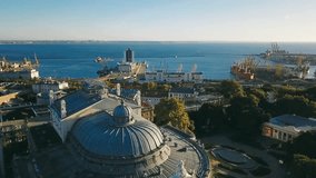dome of the Odessa Opera House. Ukraine. aerial video footage. city cultural sightseeing. central facade. Sunrise. Morning in Odessa