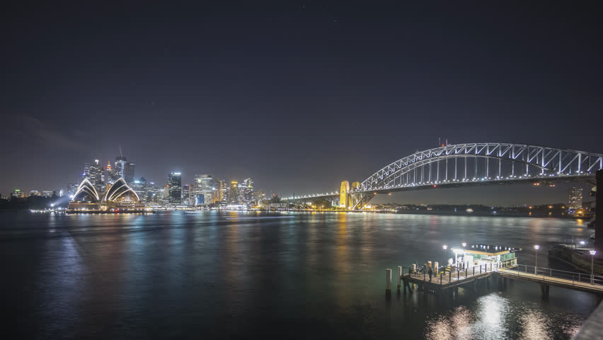 4k UHD time lapse of night scene with star trail at Sydney harbour. Pan left