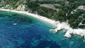 Aerial drone video from famous turquoise water beach of Marathias, Zakynthos island, Ionian, Greece