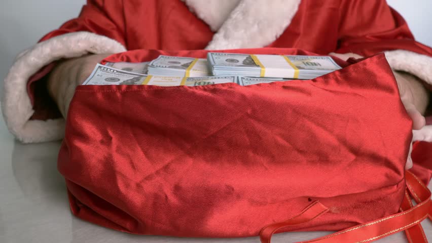 Santa Claus moves the bag of money from himself to the viewer.