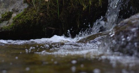 Forest stream waterfall flows into slow river slow motion
