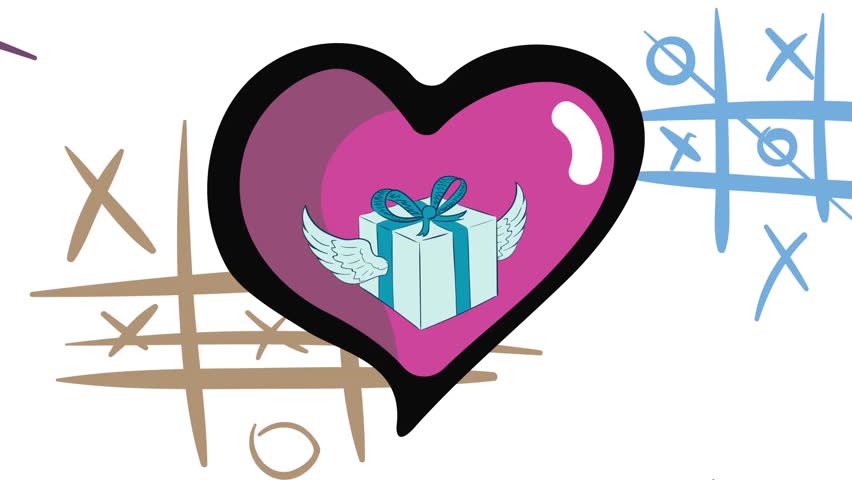 Winged gift in heart and tic-tac-toe
