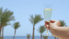 Closeup view of white woman holding glass of sparkling champagne isolated at blue sky, sea and green palm trees background on sunny hot summer day. Real time full hd video footage.