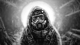 Man in protective suit and gas mask. Infection area. 2D animation in sci-fi horror genre. Light in spooky tunnel. Infection area. Dark future humanity and world end. Scary animated video clip. 
