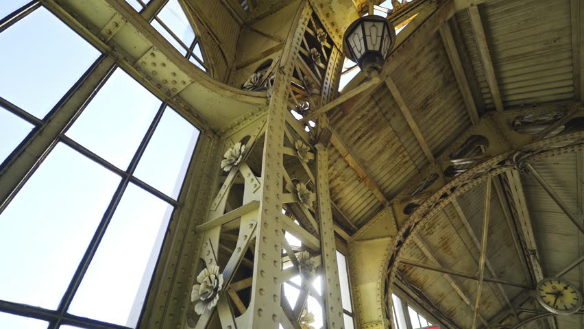 Close up of the forged columns on the railway platform. Station decorated in art nouveau style. Vitebskiy Railway Station in St. Petersburg, Russian Federation.