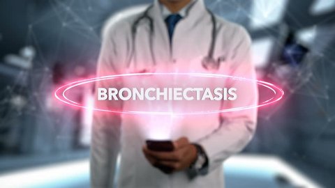 Bronchiectasis - Male Doctor With Mobile Phone Opens and Touches Hologram Illness Word