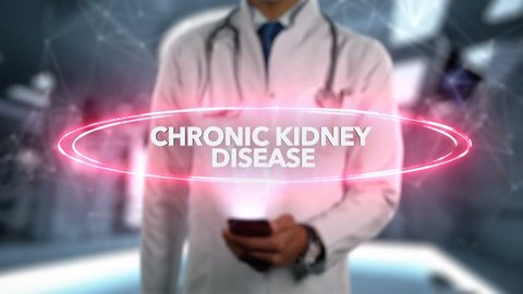 Chronic kidney disease - Male Doctor With Mobile Phone Opens and Touches Hologram Illness Word