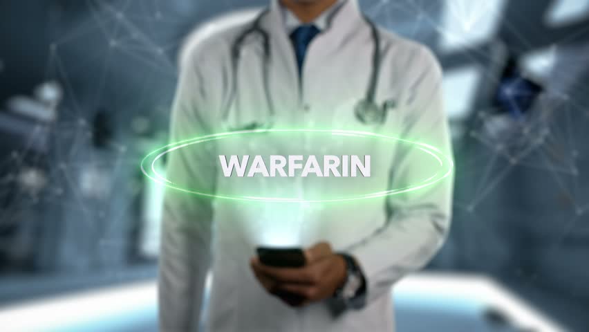 WARFARIN - Male Doctor With Mobile Phone Opens and Touches Hologram Treatment Word